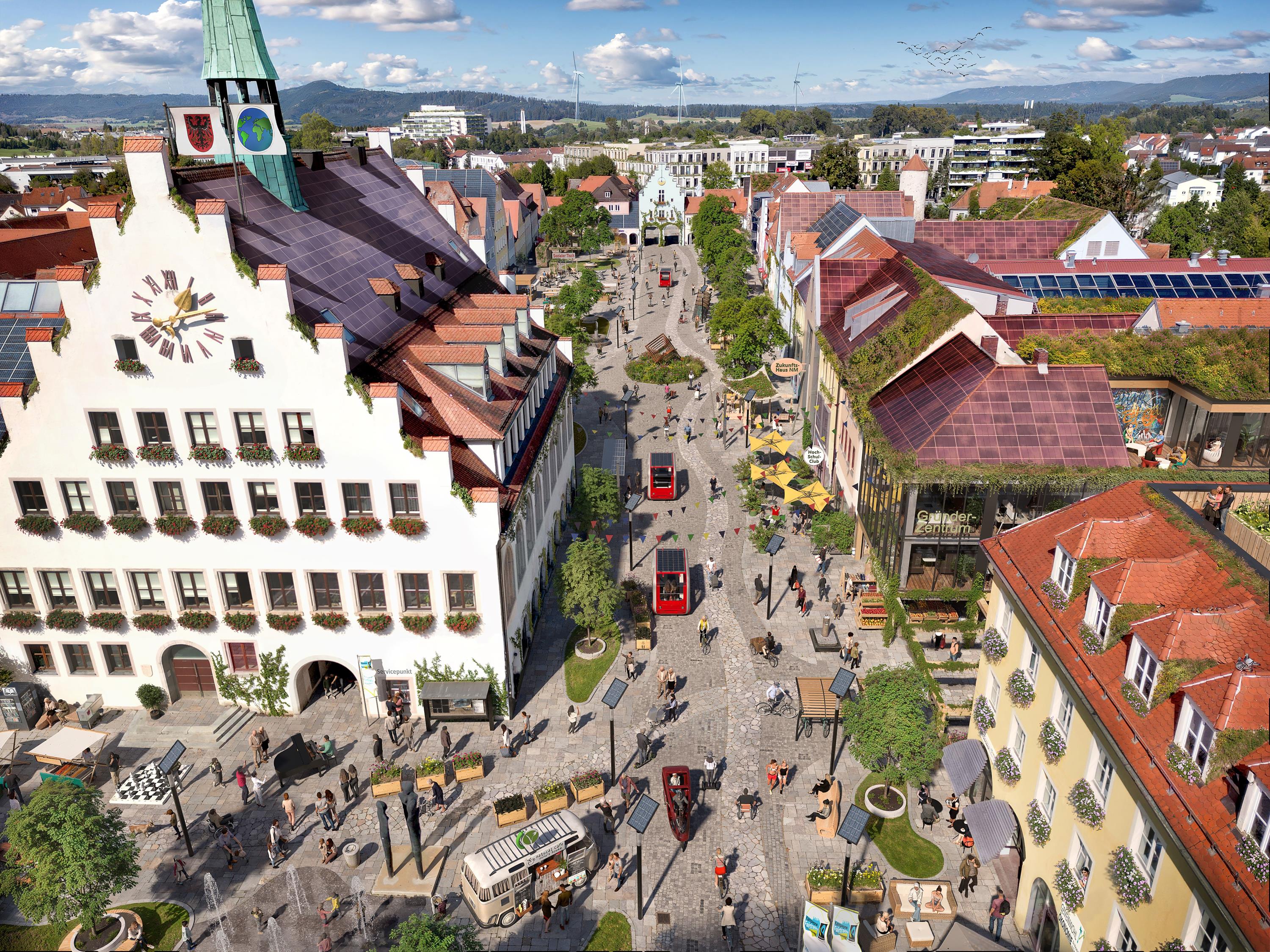 Die Realutopie für Neumarkt wurde auf der Grundlage eines Drohnenfotos und eines Beteiligungsworkshops entwickelt. Beteiligte Partner bei der Umsetzung waren Reinventing Society e.V. und loomn - architekturkommunikation. Fotonachweis (Copyright): Reinventing Society & loomn & Stadt Neumarkt i.d.OPf.