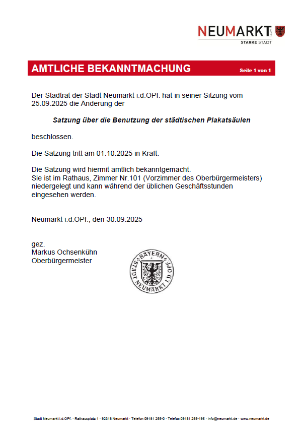 Amtliche Bekanntmachung Satzung Plakatsäulen