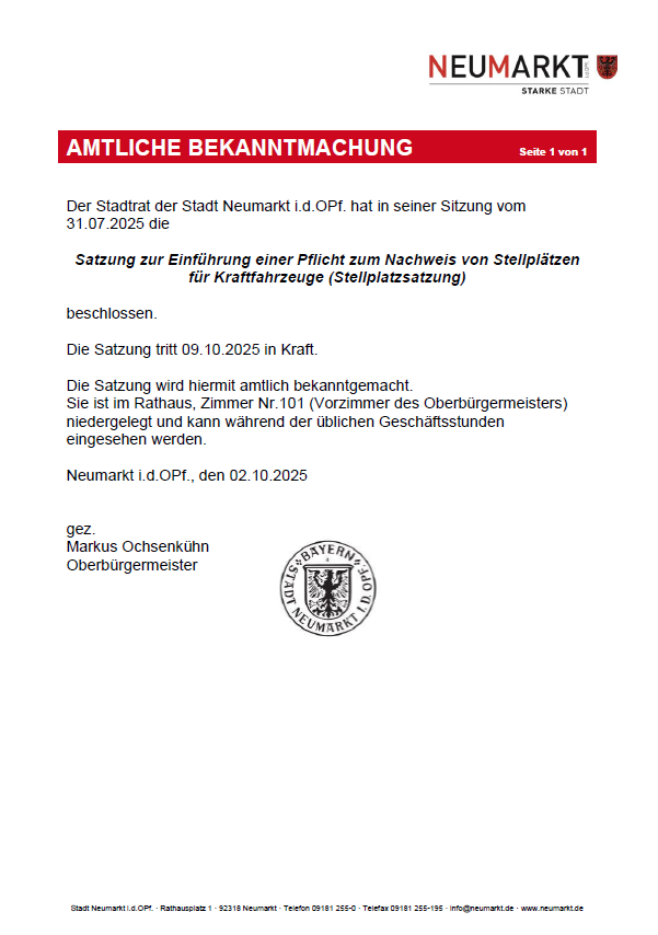 Amtliche Bekanntmachung Stellplatzsatzung