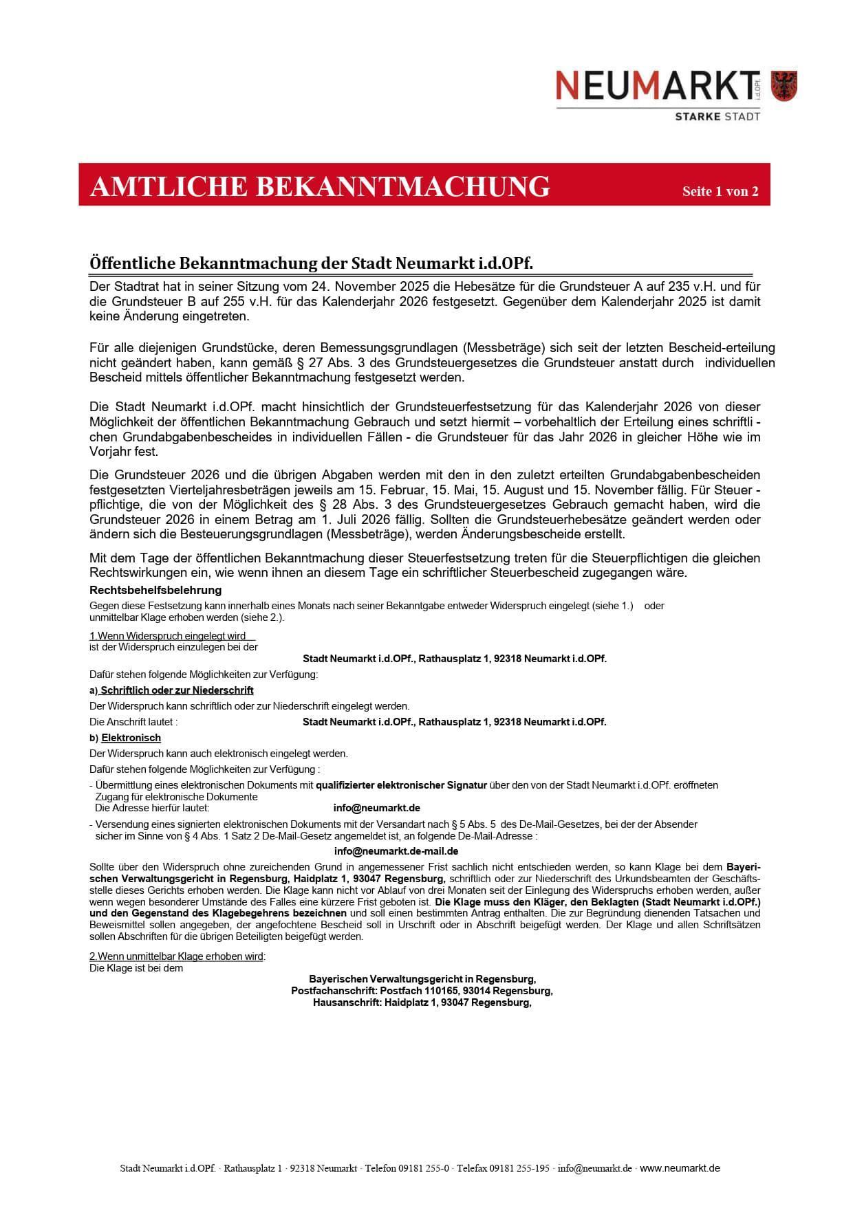 Amtl. Bekanntmachung Hebesätze