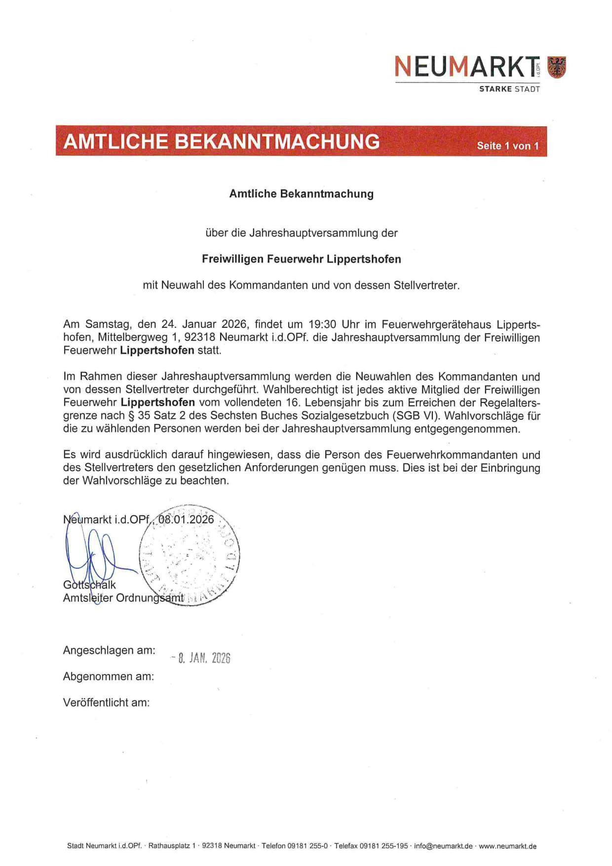 Amtl. Bekanntmachung Jahreshauptversammlung FFW Lippertshofen