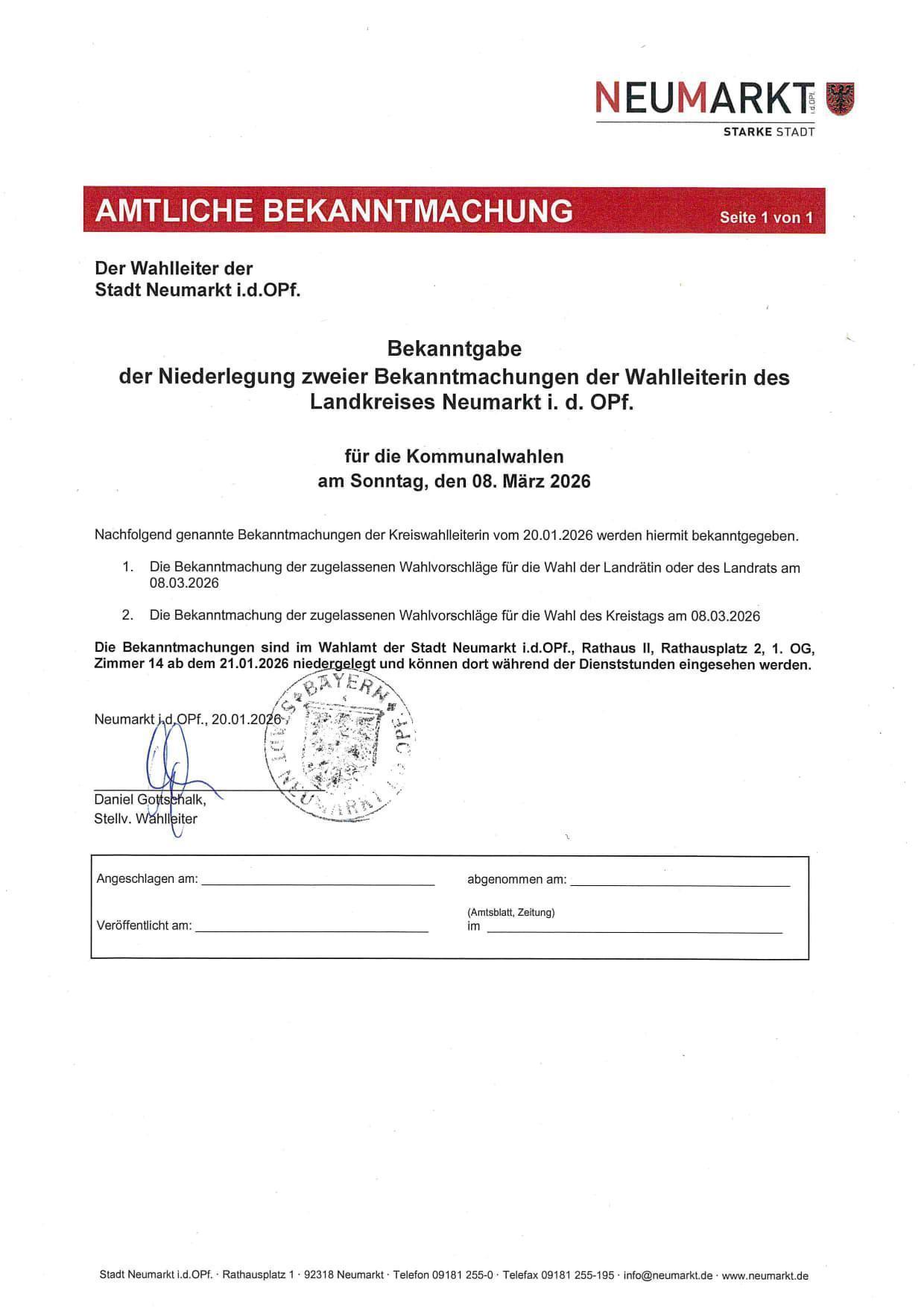 Amtl. Bekanntmachung Niederlegung Zweier Bekanntmachungender Wahlleiterin Des Landkreises Neumarkt