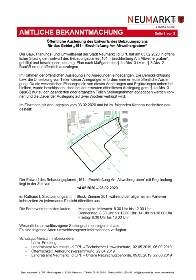 Amtliche Bekanntmachung Öffentliche Auslegung Entwurf Bebauungsplan 161 Erschließung am Altweihergraben.png