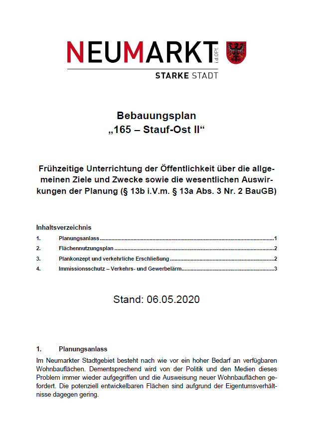 Kurzdarstellung Bebauungsplan 165 – Stauf-Ost II