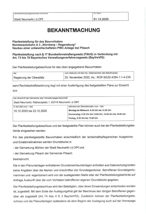 Bekanntmachung Planfeststellung Bauvorhaben BAB A3 Nürnberg-Regensburg PWC-Anlage Pilsach.jpg