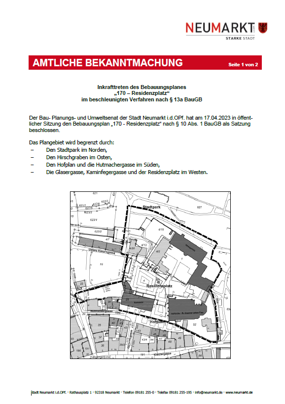 Inkrafttreten des Bebauungsplanes „170 – Residenzplatz“